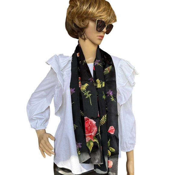 Echo Black Silk Scarf Pink Floral Print Neck Headband Ponytail Bow Bag Accessory - Picture 10 of 11